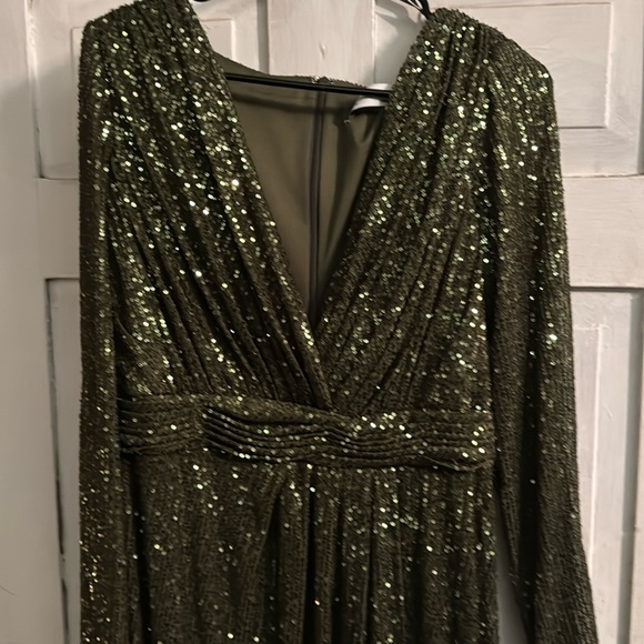 Mac Duggal Sequin Long Sleeve Faux Wrap Gown - Picture 3 of 5